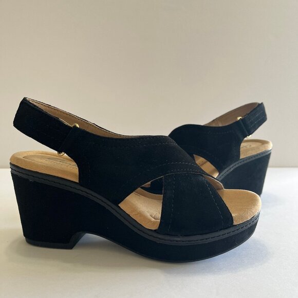 Clarks Comfort Giselle Cove Platform Wedge Suede Slingback Sandal in Blk/Blk 6 - Picture 4 of 16